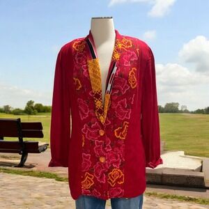 Vintage Carole Little Petites Blazer Jacket Red Floral Patchwork Boho Chic 90s